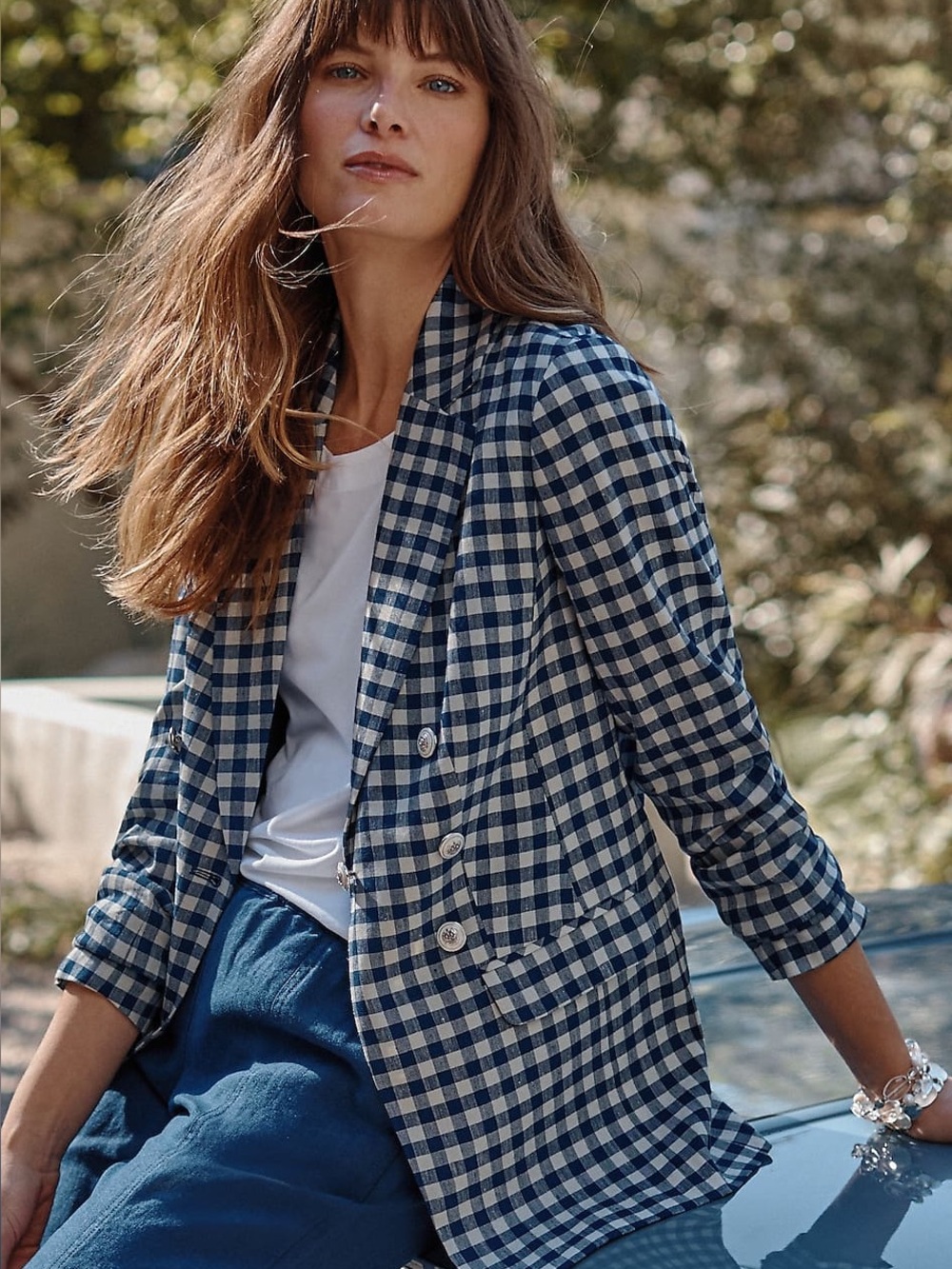 J JILL M NWT Linen Stretch Double Breasted Blazer • Navy Check Gingham Jacket